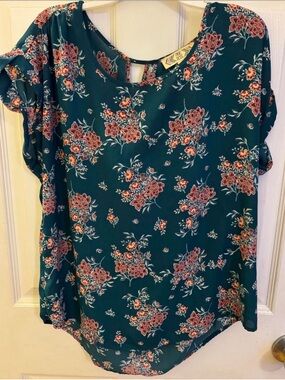 Pink Rose Teal Floral Short-Sleeve Blouse with Coral Accents